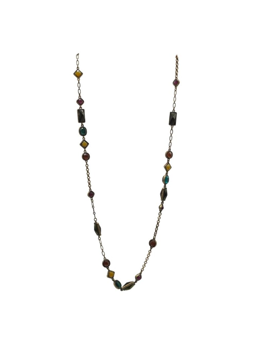 Avon Long Geometric Faceted Bead and Link Green Brown Station Necklace with Box